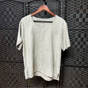 Flax round neck shirt sleeve blouse medium in a natural color linen